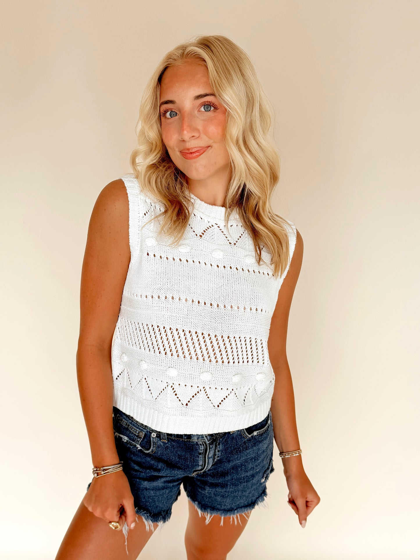 White Knit Sleeveless Sweater Top