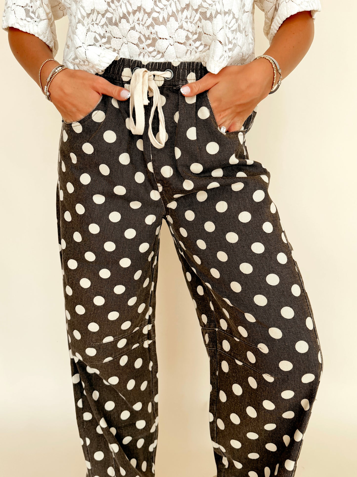 Cocoa Polka Dot Drawstring Barrel Leg Pants