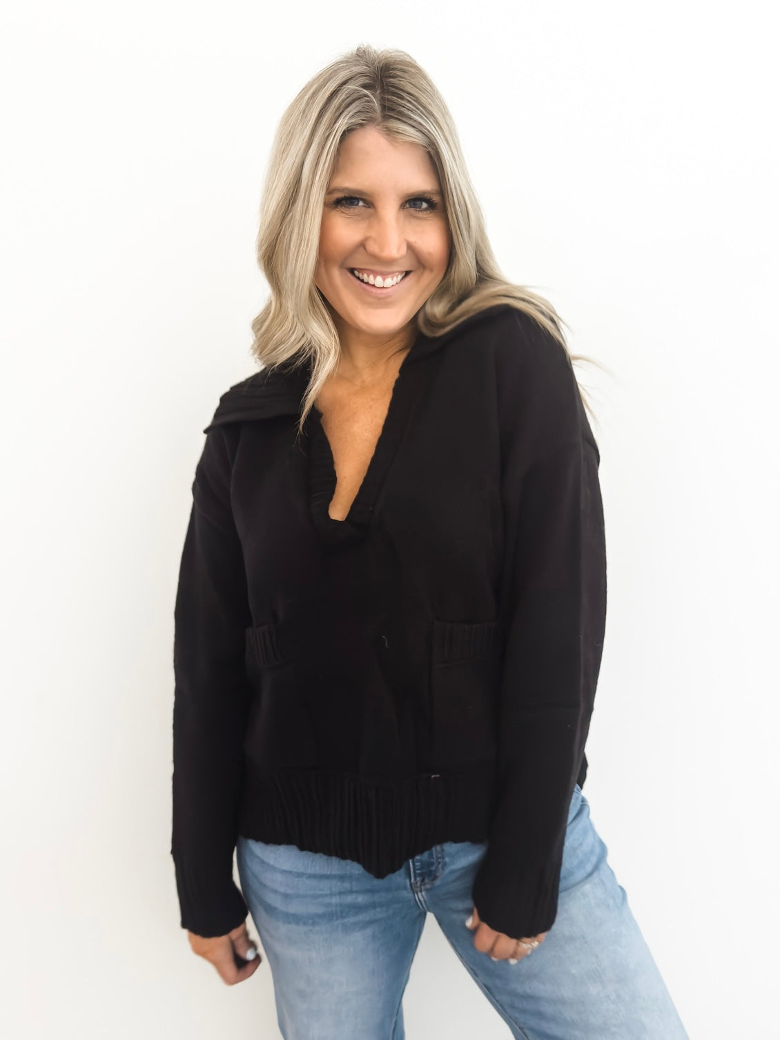 Black Front Pocket Oversized Collar Pullover
