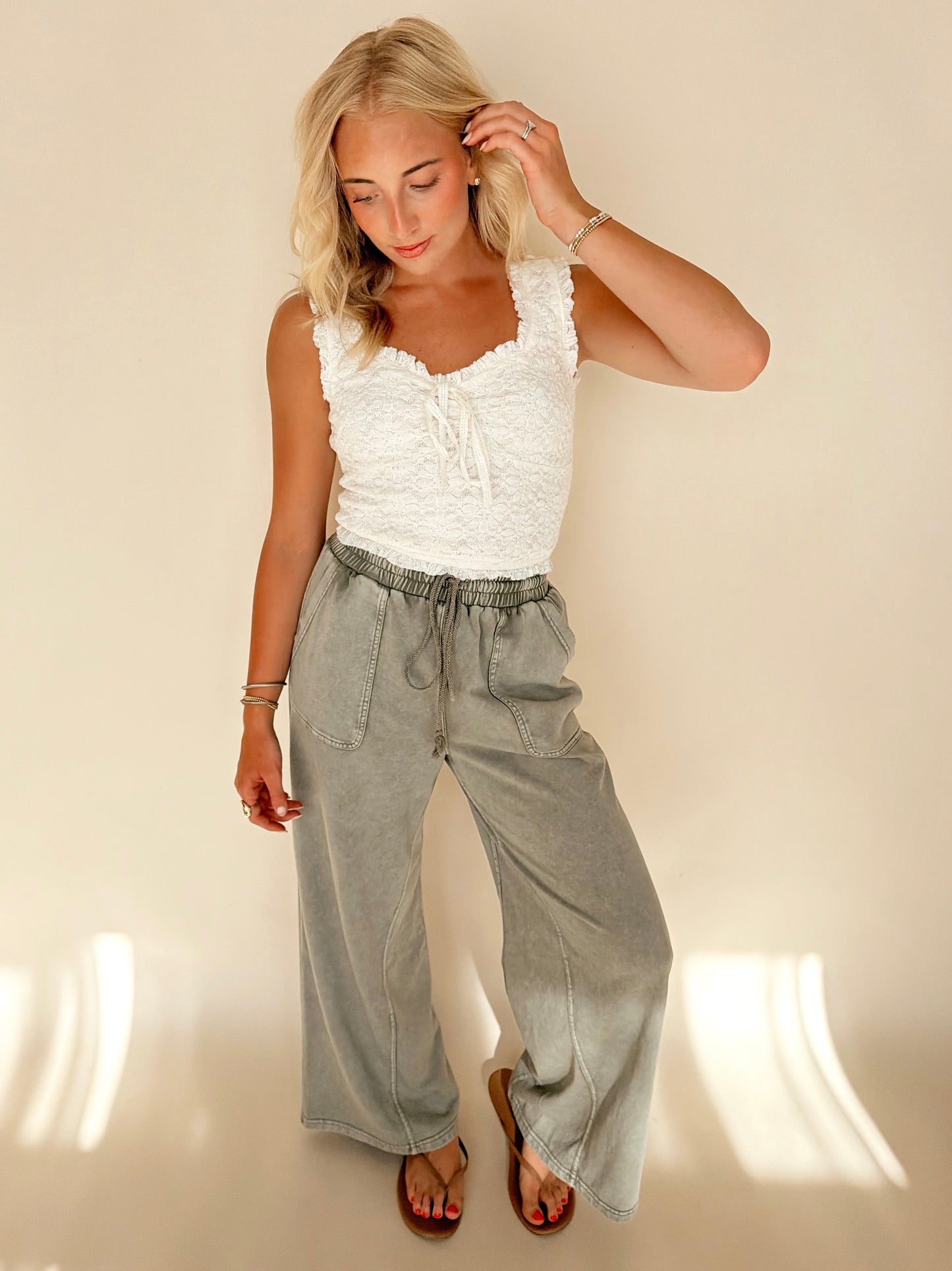 Olive French Terry Wide Leg Pants