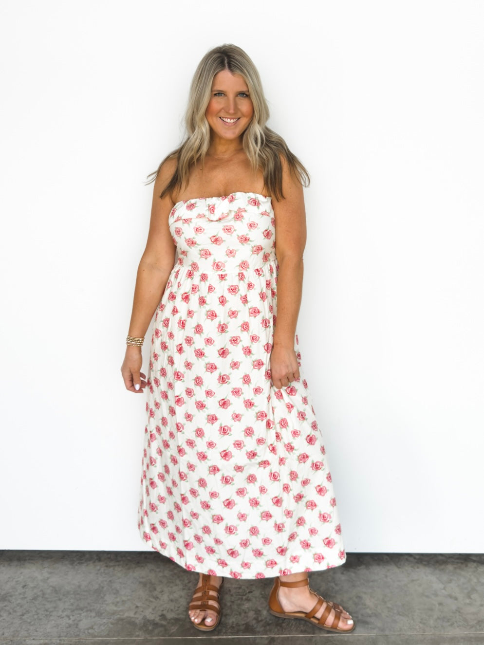 Cream & Red Floral Strapless Maxi