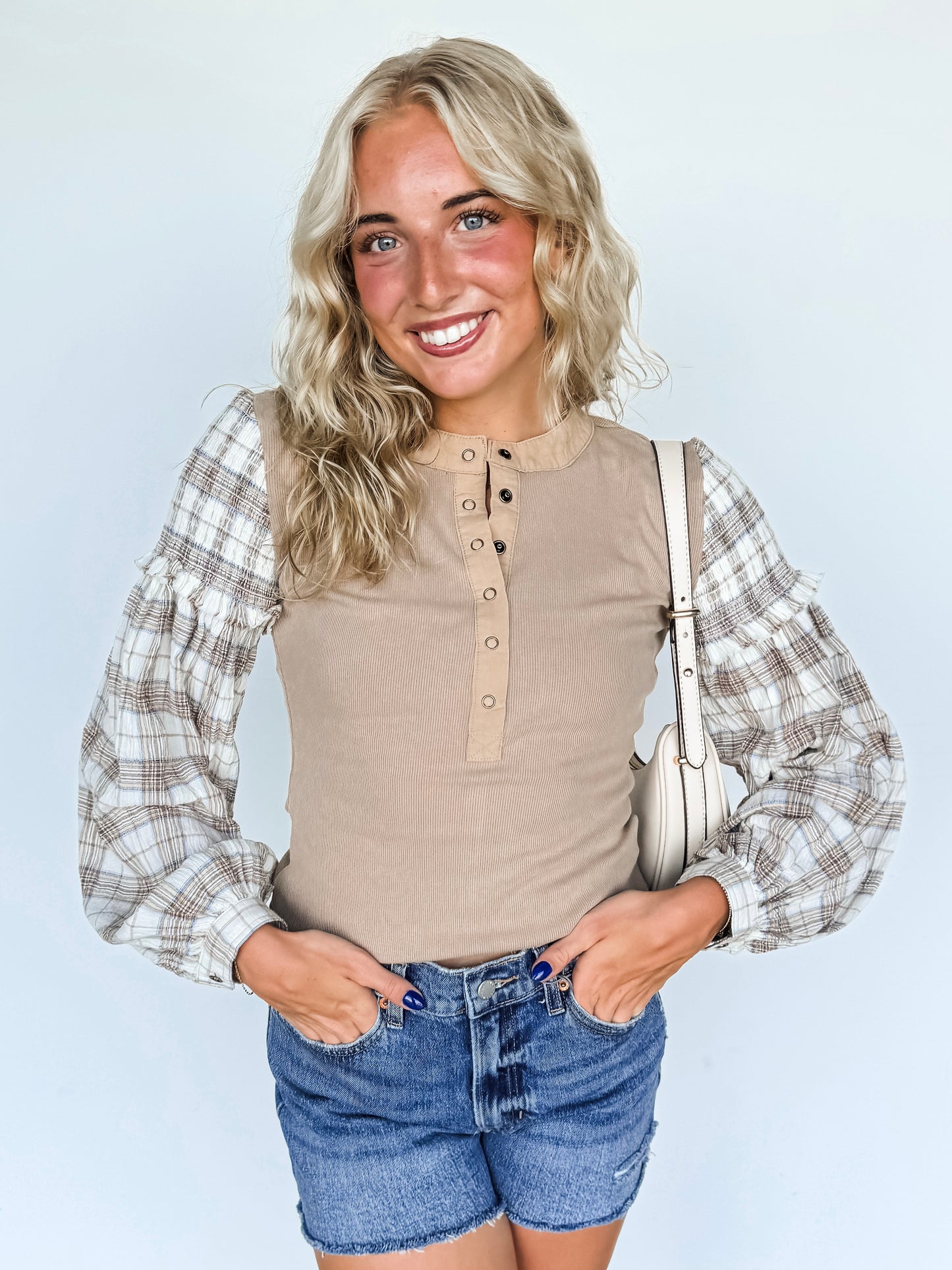 Taupe Plaid Balloon Sleeve Henley