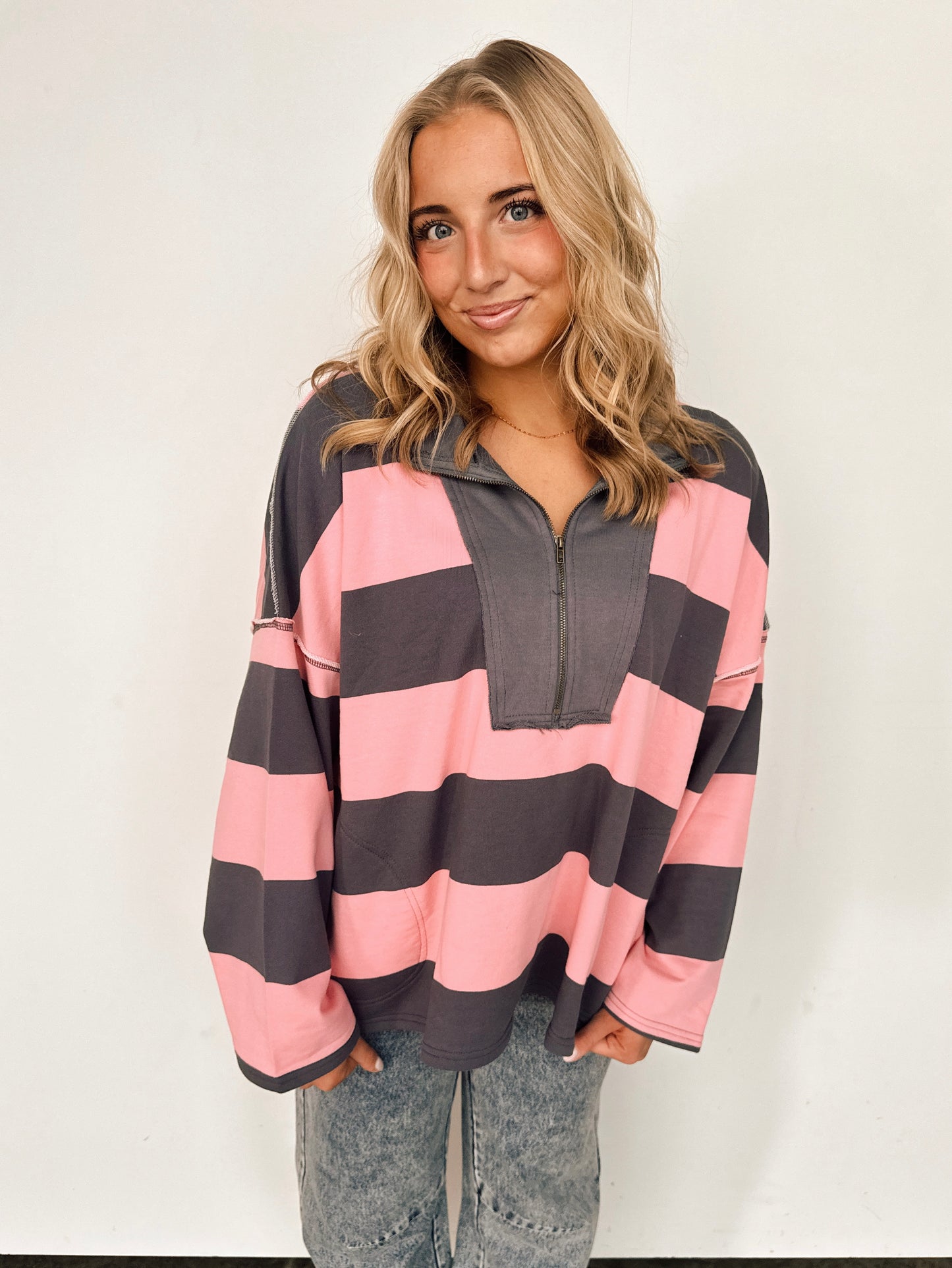 Pink & Charcoal Varisty Striped Oversized Top