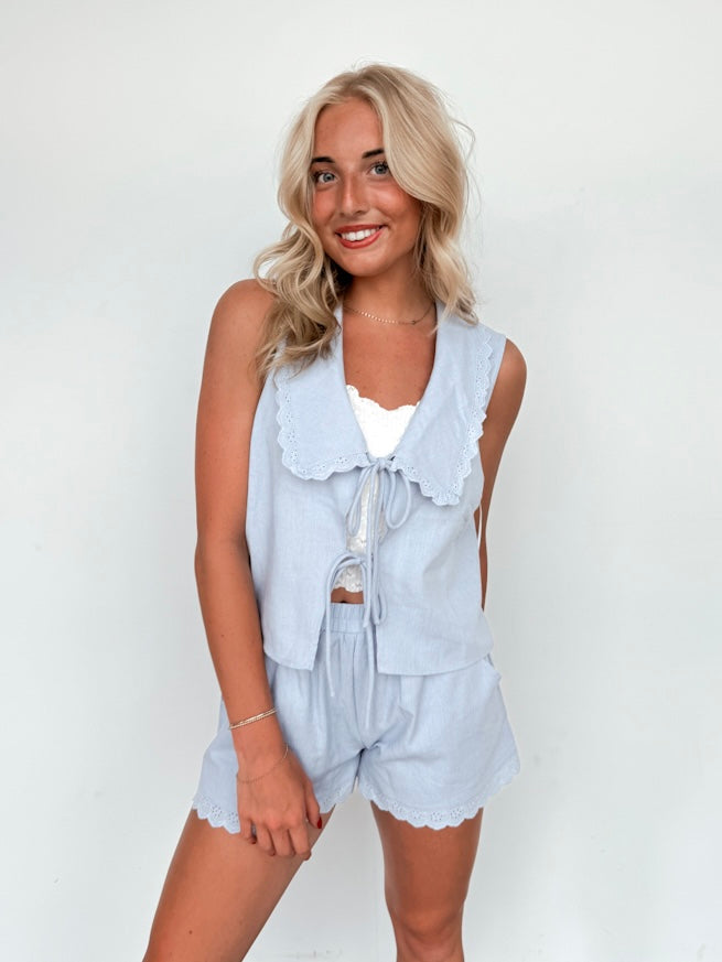 Light Blue Ruffle Eyelet Tie Top
