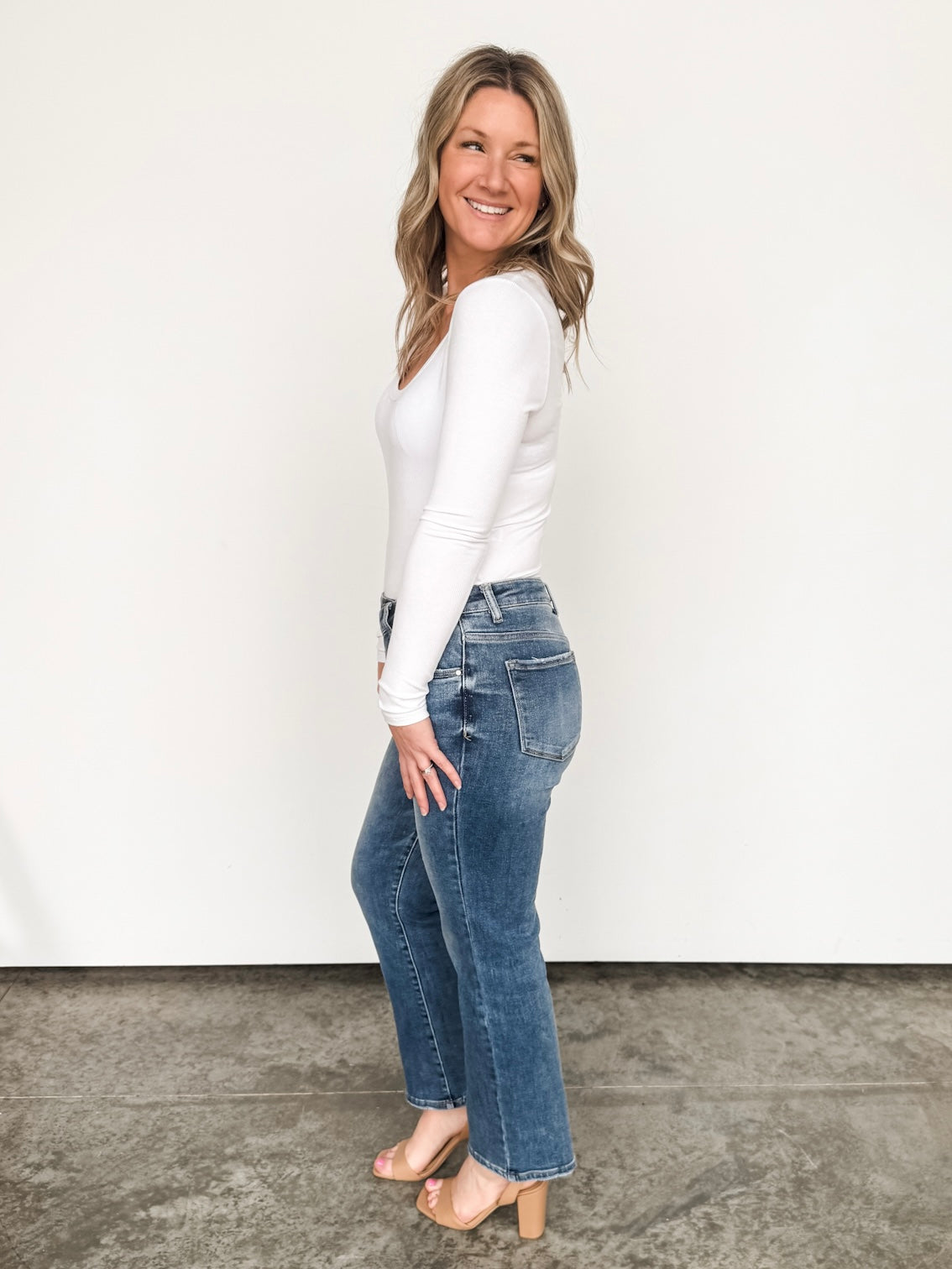 ‘The Lauren’ Medium Wash High Rise Crossover Waist Denim