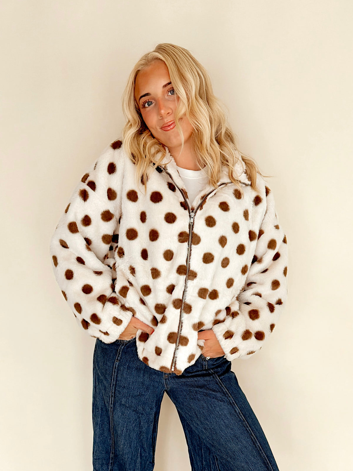 Polka Dot Fuzzy Zip-Up Jacket