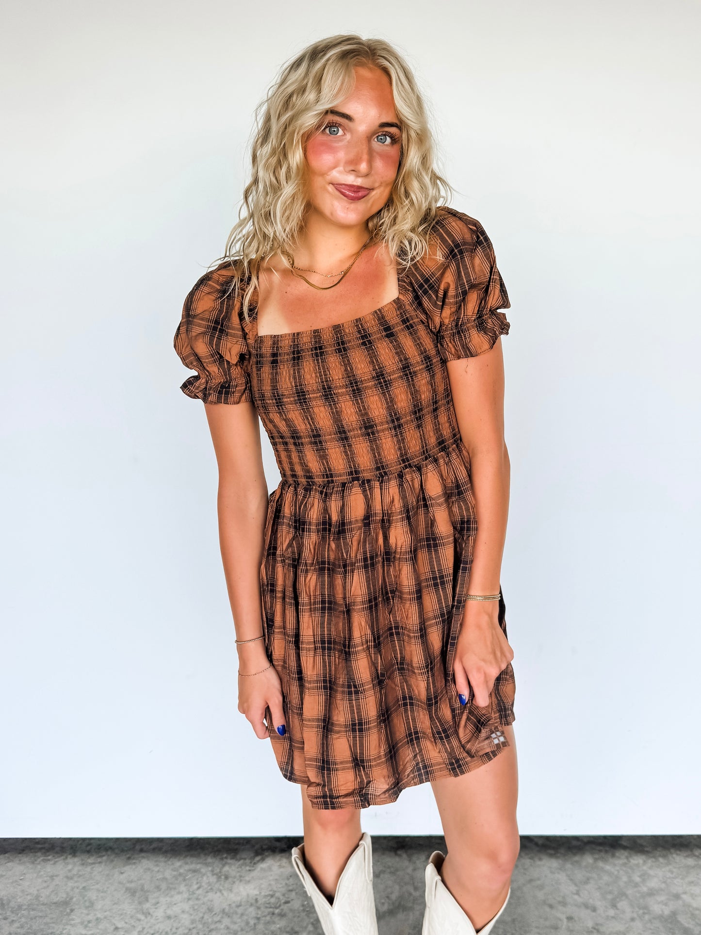 Brown Plaid Smocked Puff Sleeve Dress