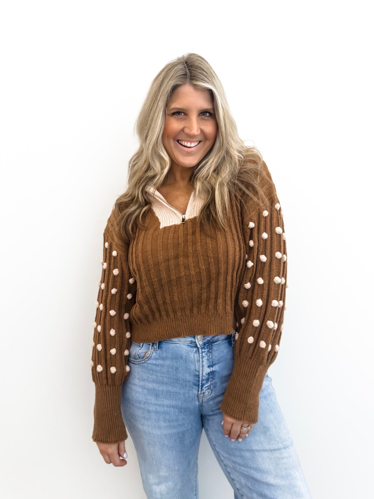 Mocha & Oatmeal Pom Sleeve Sweater