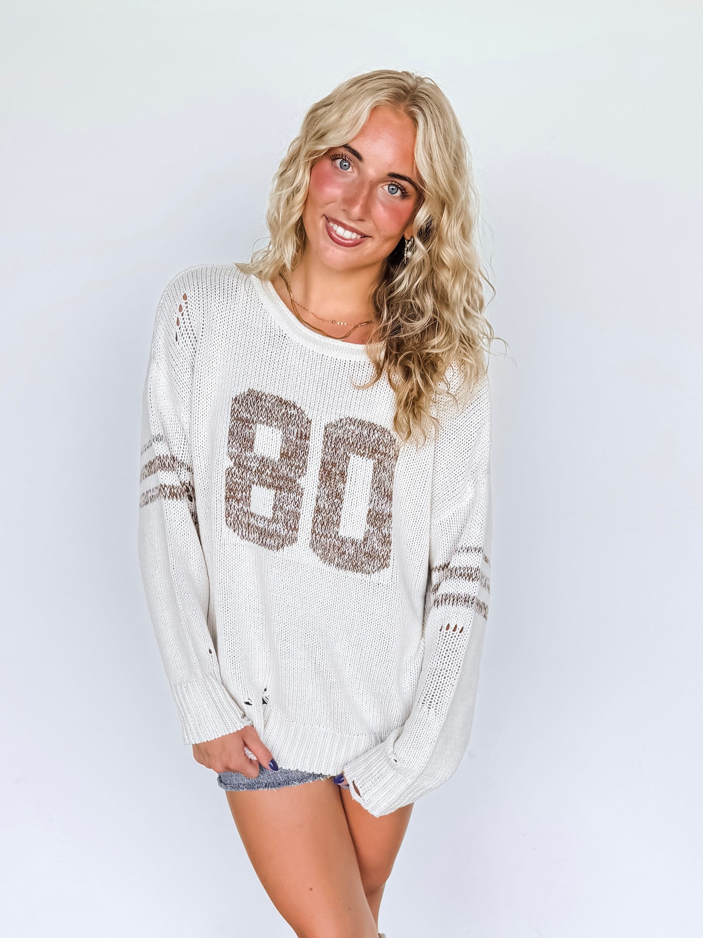 Oatmeal Distressed Long Sleeve Varsity Lightweight Sweater Top