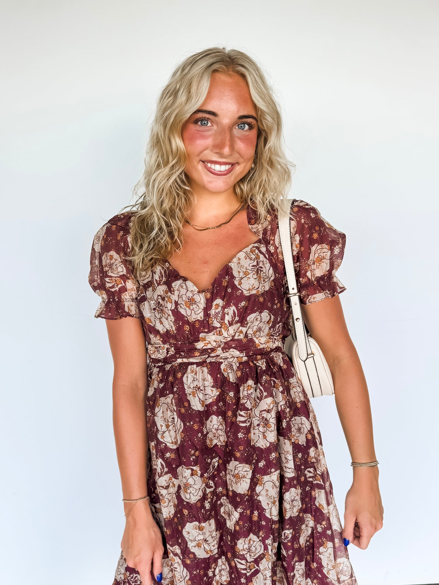 Burgundy Floral Sweetheart Midi Dress