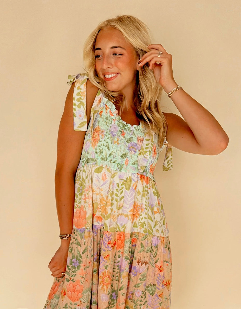 Smocked Tiered Floral Print Dress