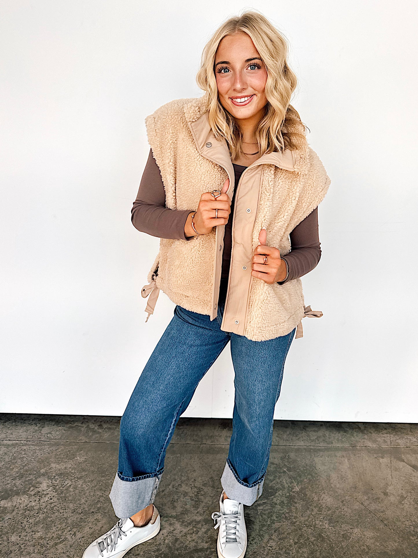 Beige Fuzzy Side Tie Vest