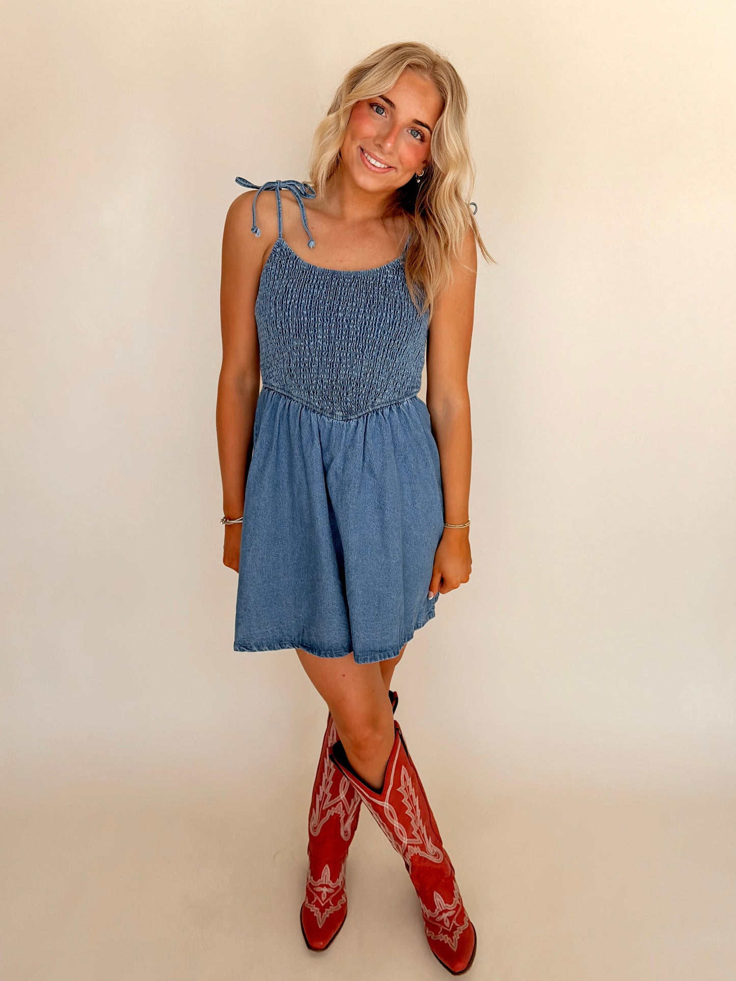 Smocked Denim Tie Top Dress