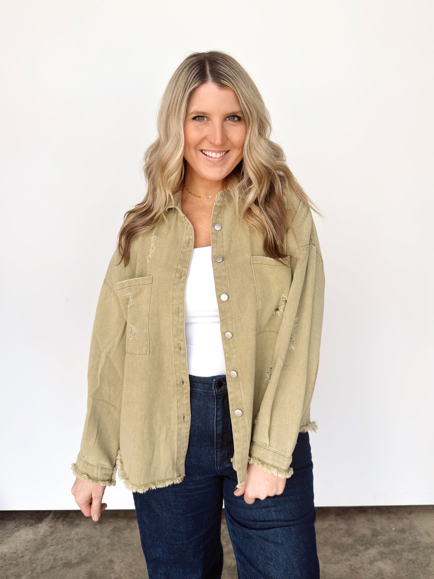 Moss Distressed Button Down Jacket
