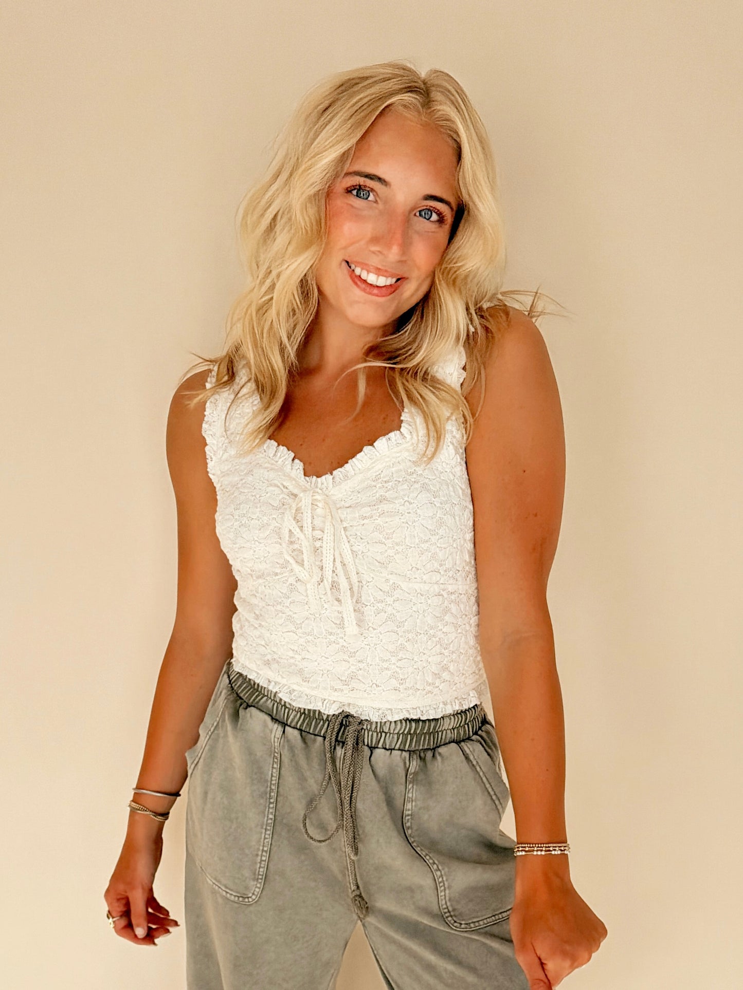 Cream Tie Front Cropped Tank