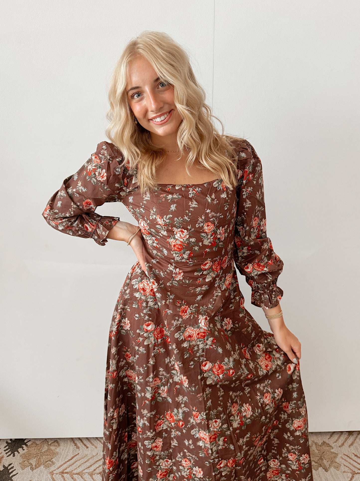 Mocha Floral Square Neck Dress