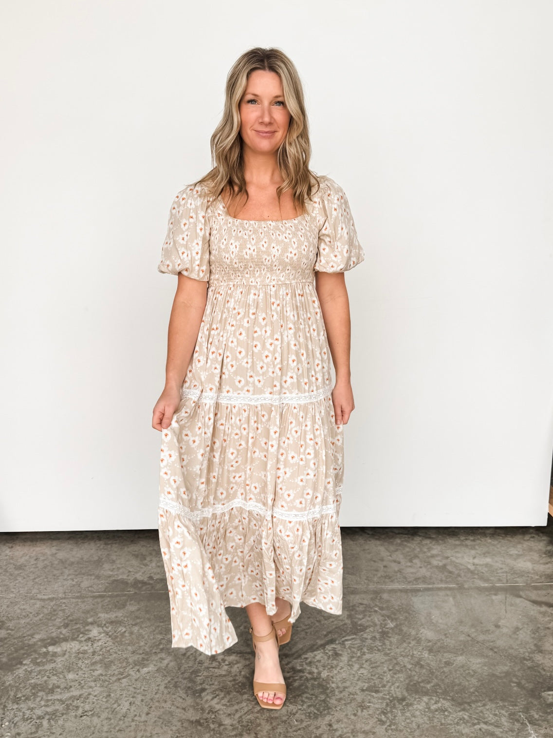 Cream & Beige Floral Smocked Dress
