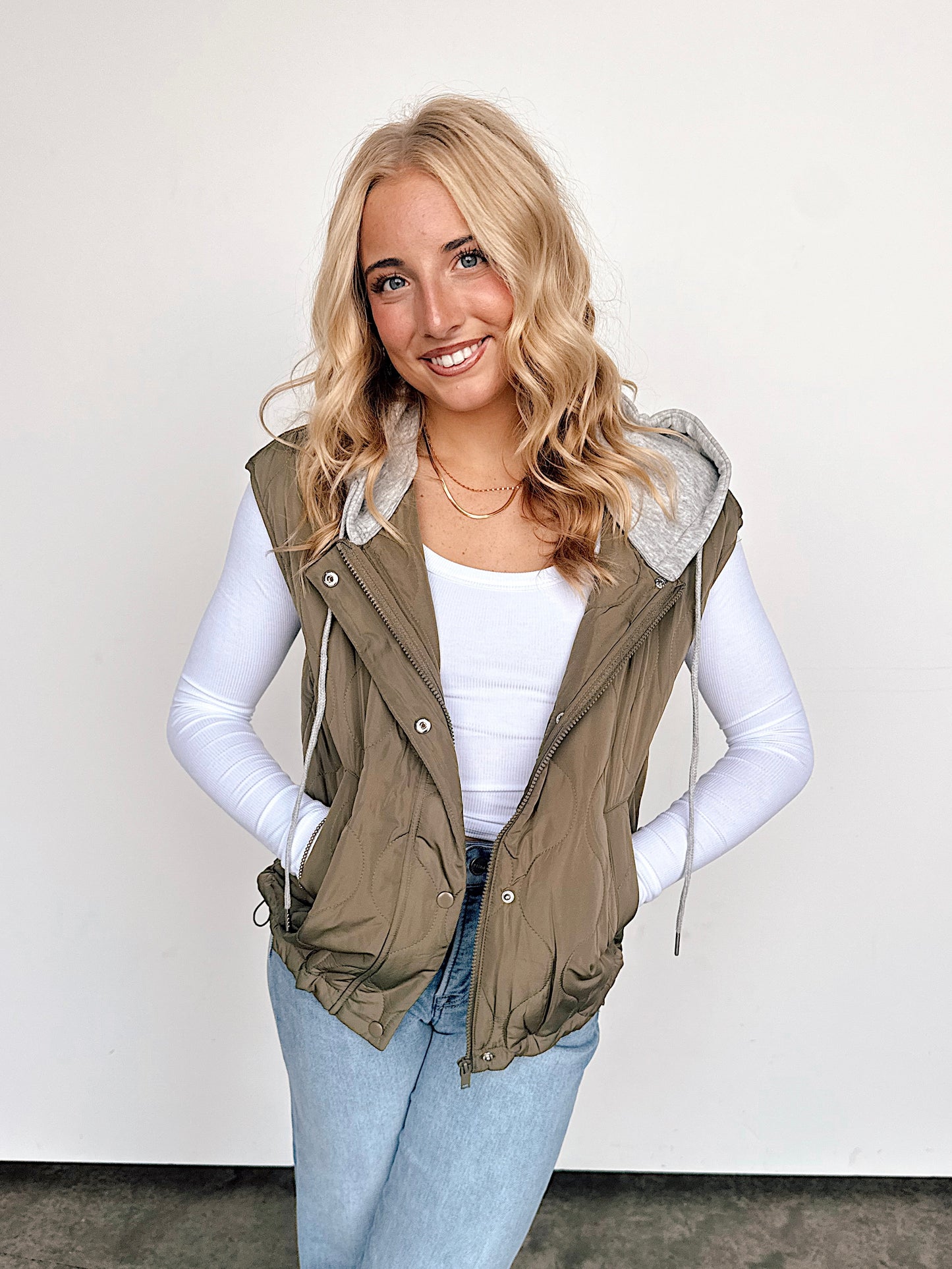 Olive Quilted Hooded Vest