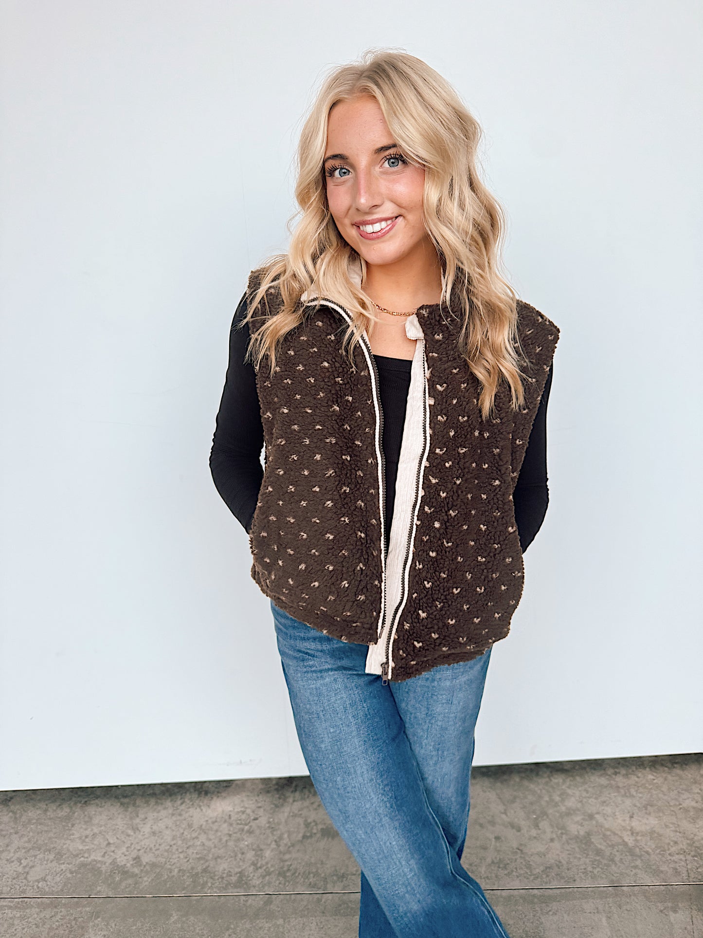 Chocolate Dotted Floral Fleece Vest