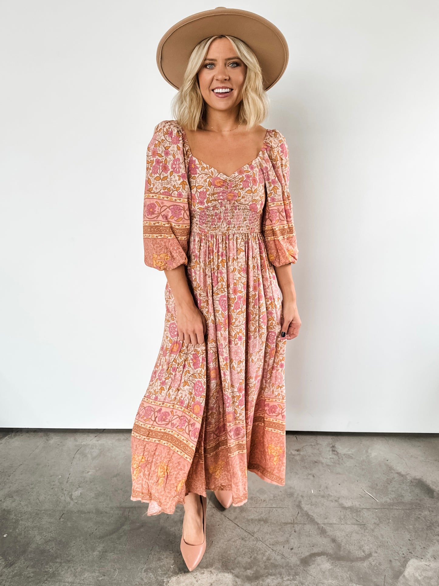 Pink & Rust Fall Floral Smocked Dress