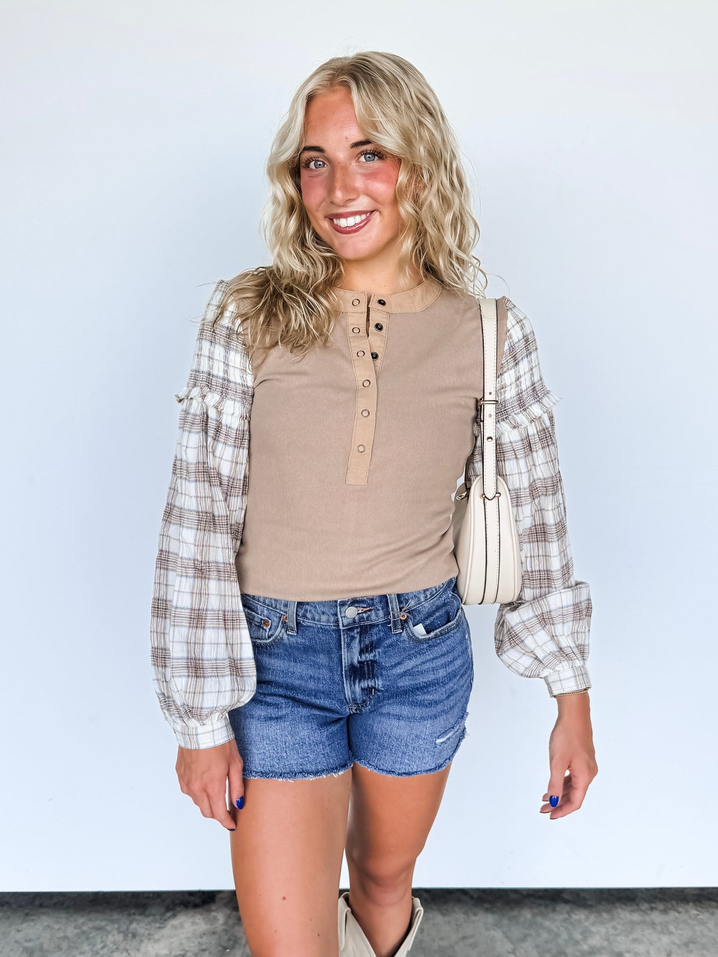 Taupe Plaid Balloon Sleeve Henley