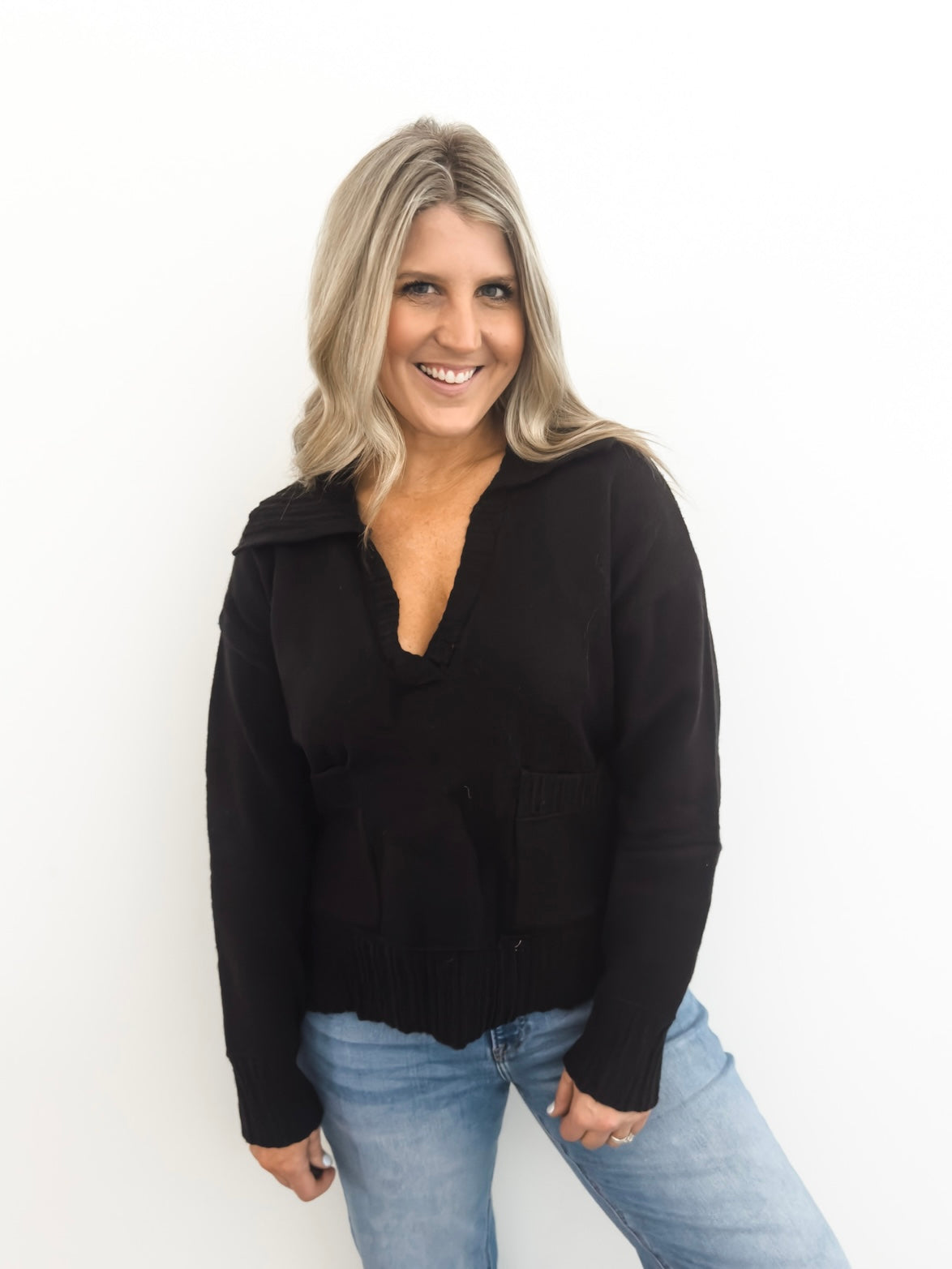 Black Front Pocket Oversized Collar Pullover