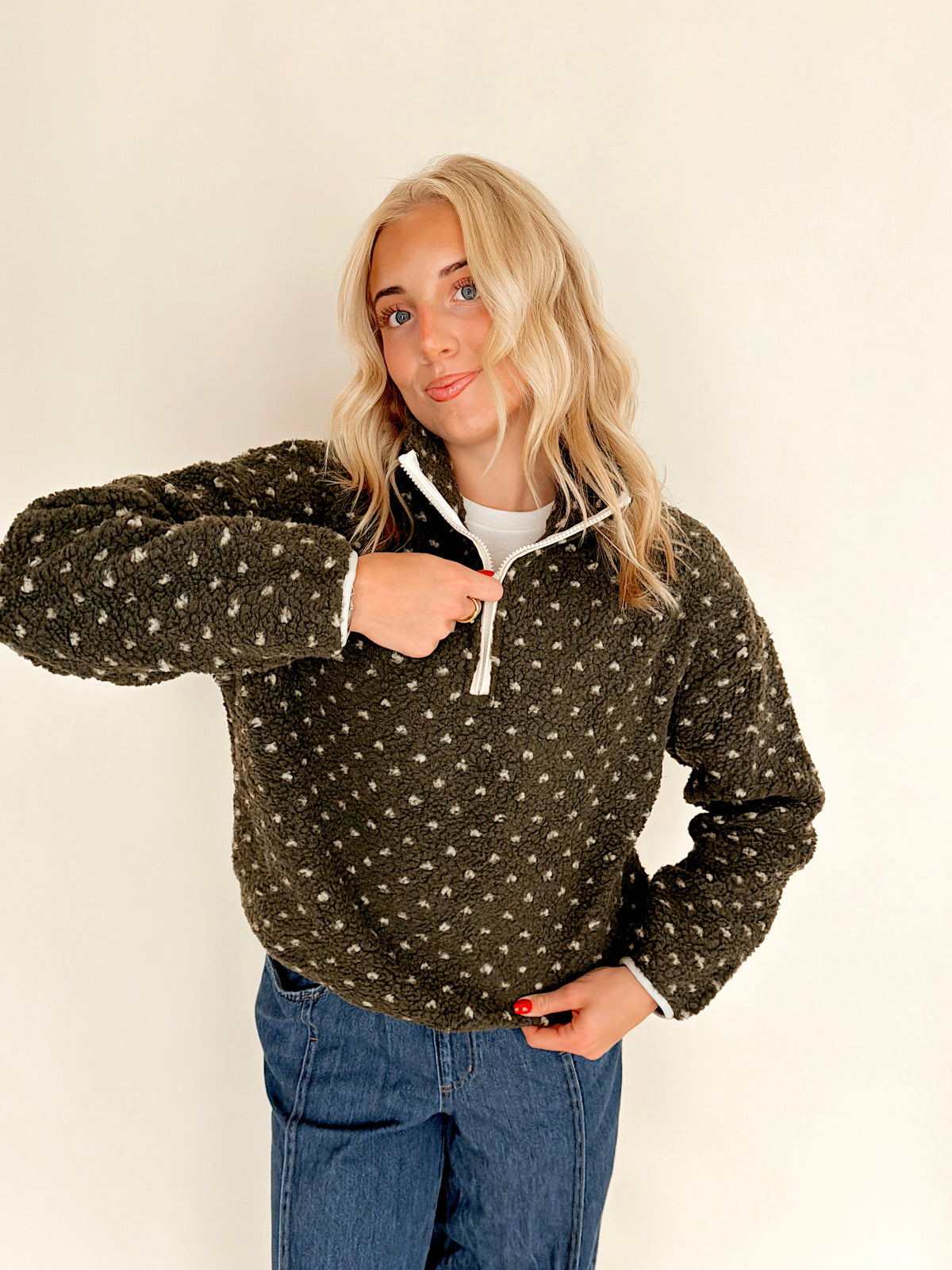 Dark Olive Polka Dot Half-Zip Pullover