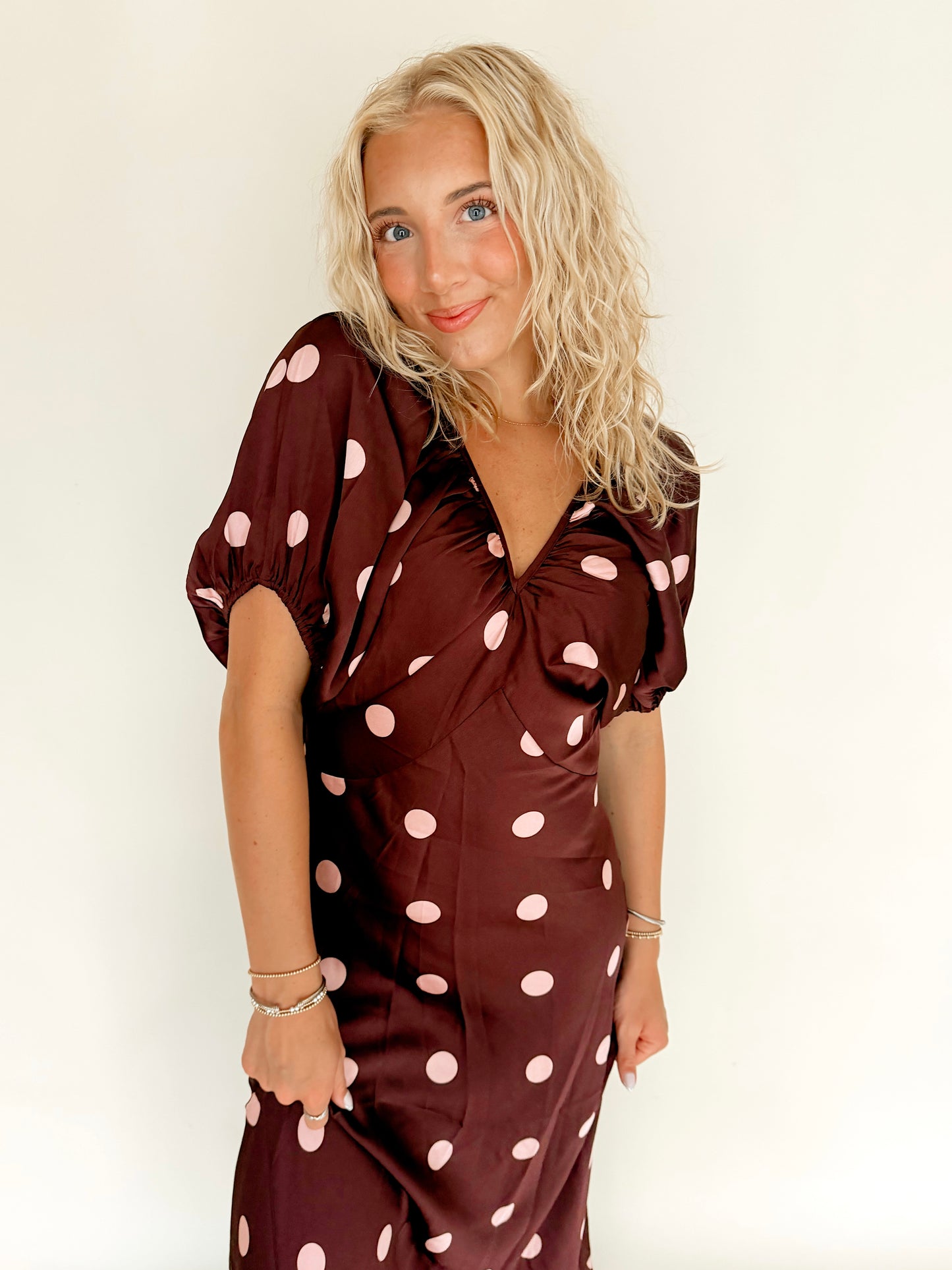 Burgundy Satin Polka Dot Dress