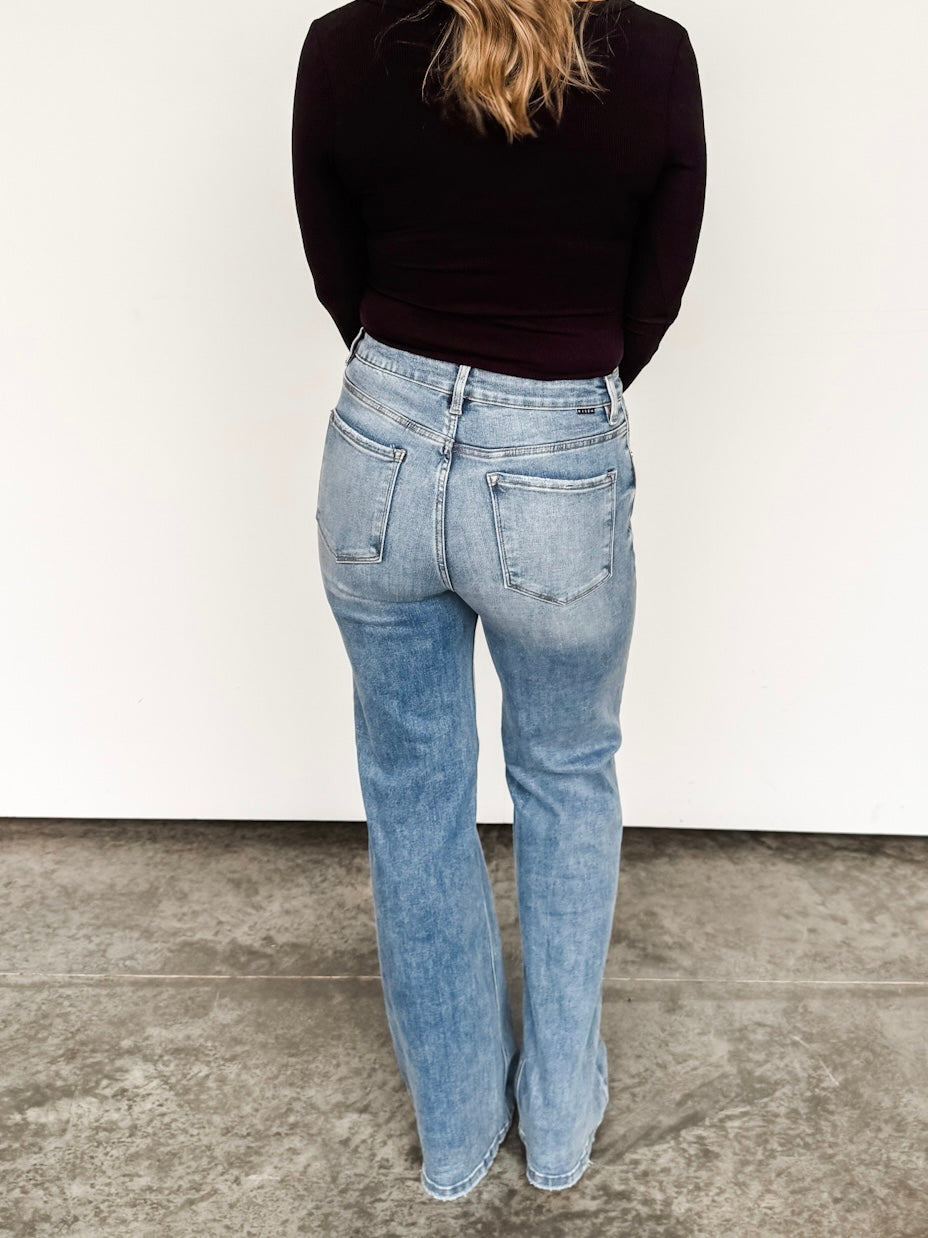 ‘The Meghan’ Light Wash Distressed Wide Leg Denim