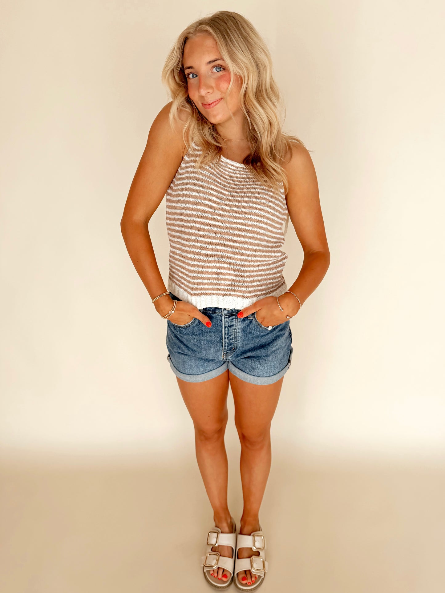Beige Striped Tie Strap Top