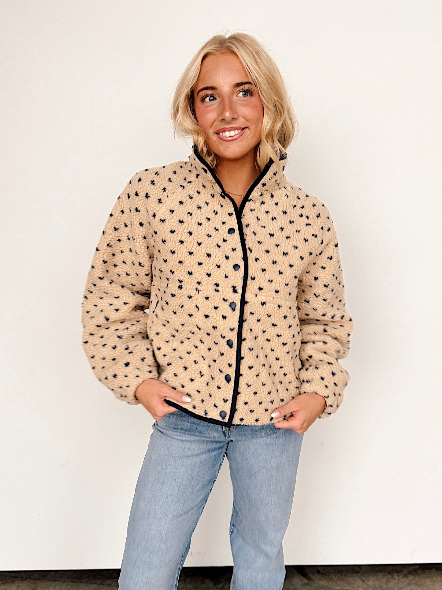 Beige & Navy Polka Dot Snap Button Fleece