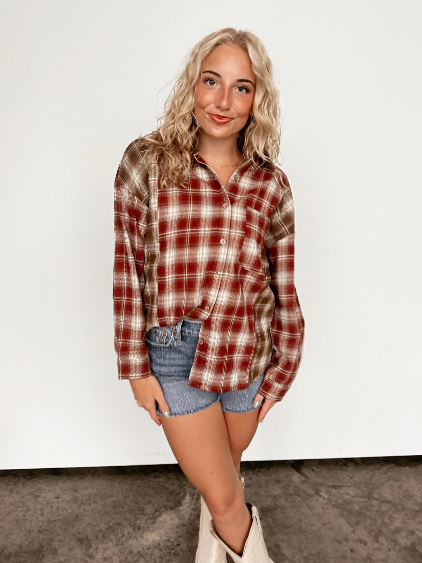 Wine Plaid Collared Button Up Top