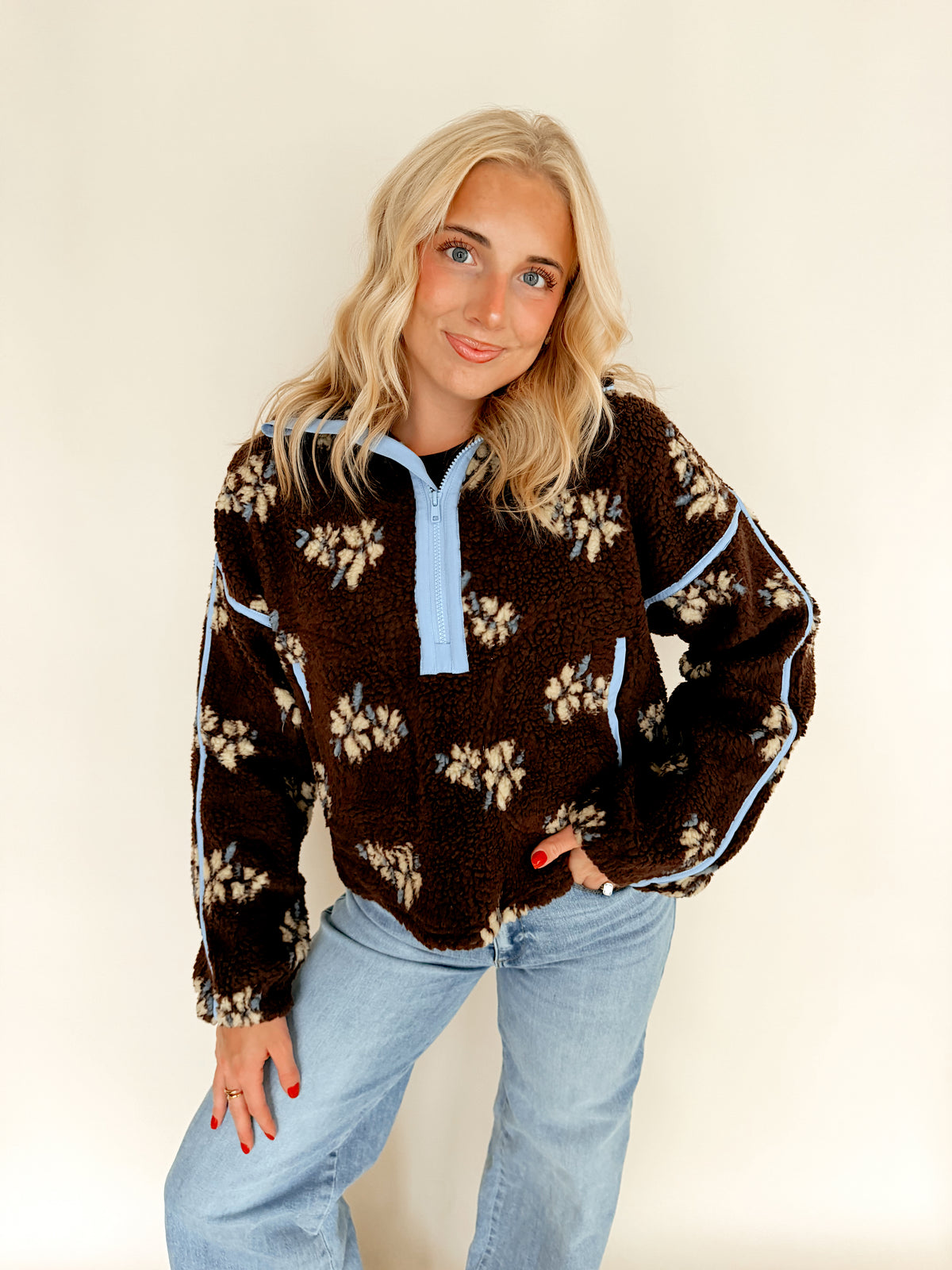 Chocolate Brown Floral Print Half Zip