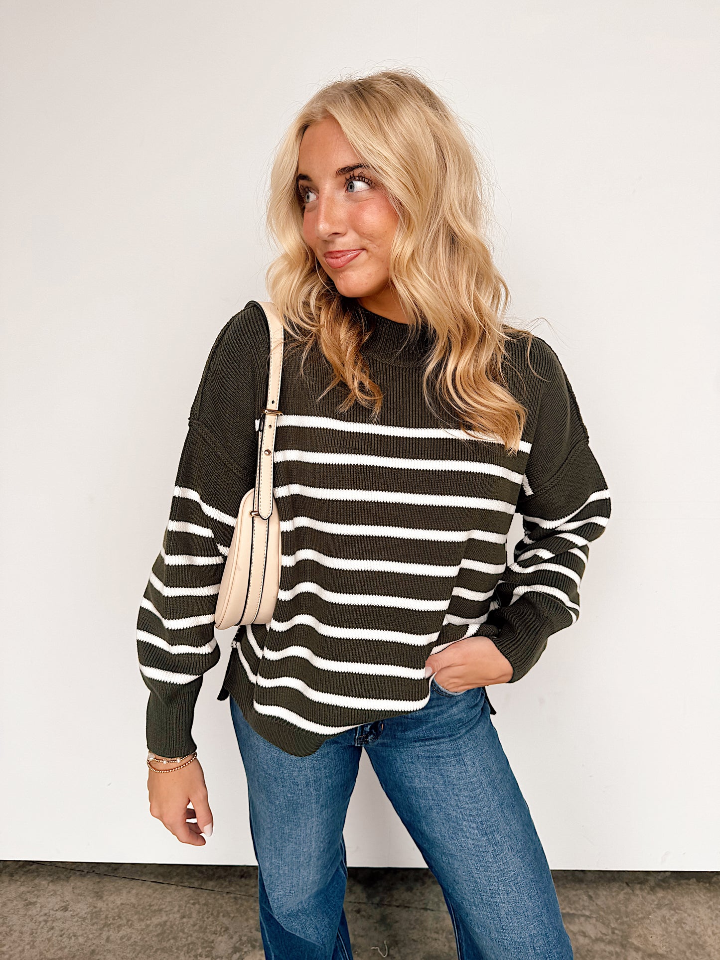 Dark Olive Striped Oversized Sweater