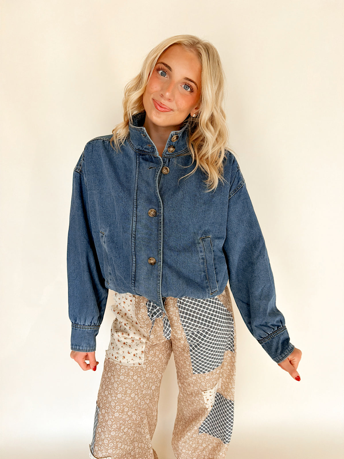 High Collar Denim Bomber Jacket