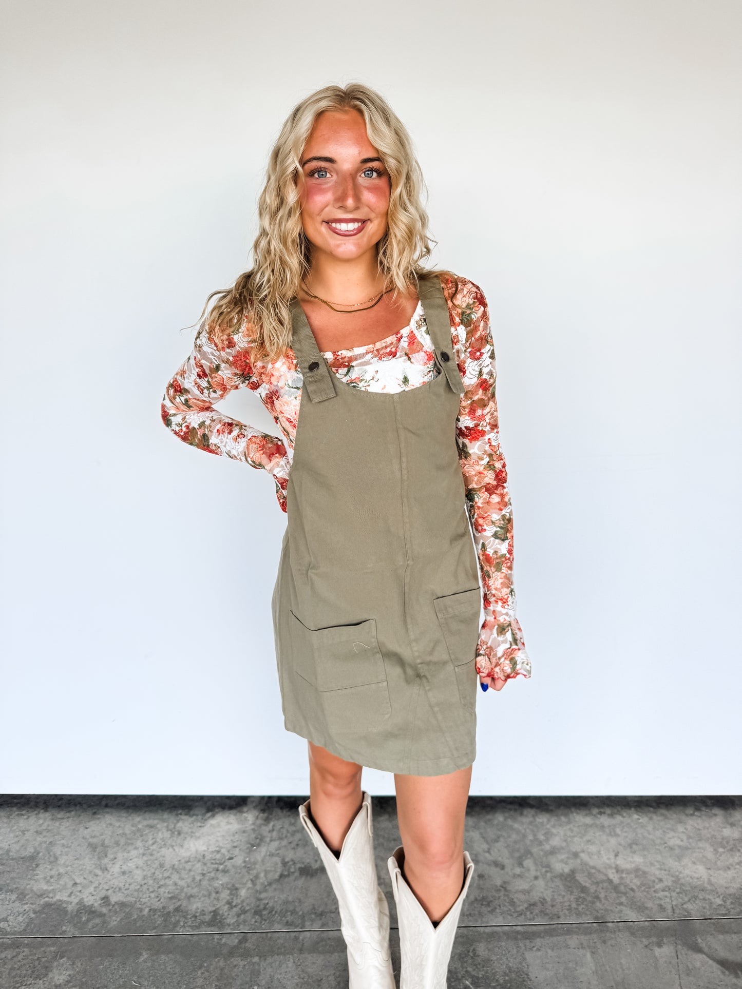 Olive Washed Pocket Overall Dress