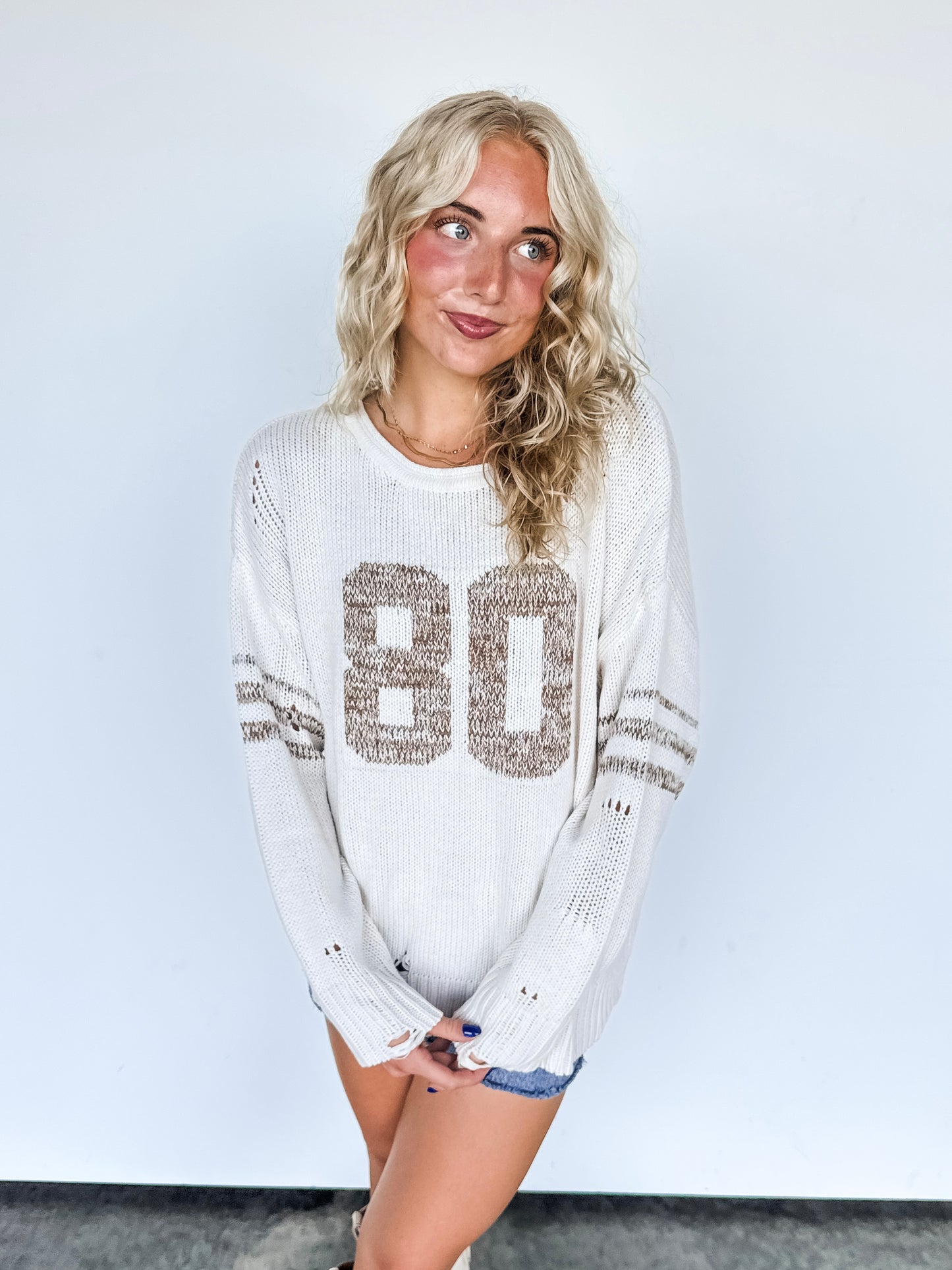 Oatmeal Distressed Long Sleeve Varsity Lightweight Sweater Top