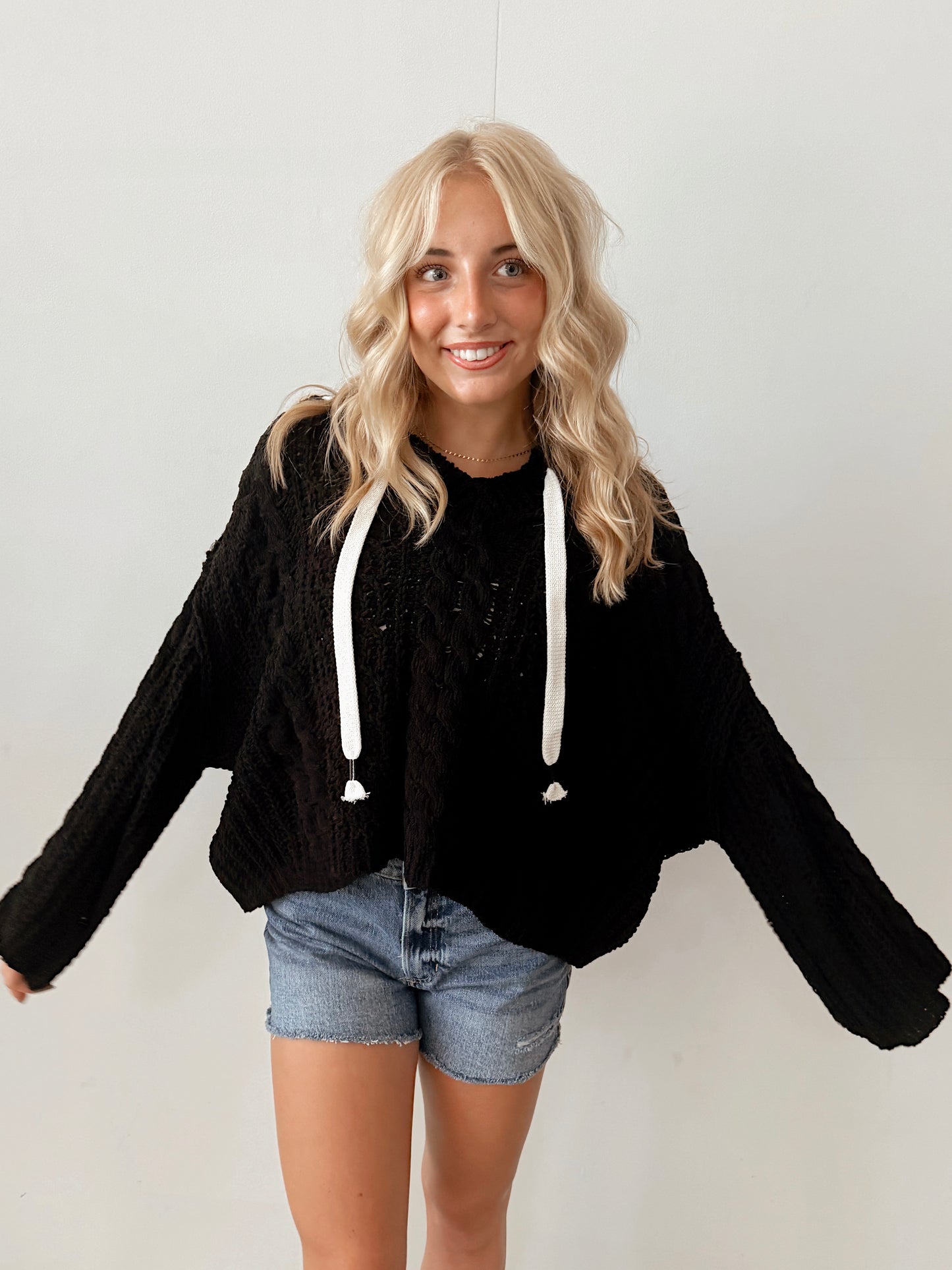 Black Cableknit Drawstring Sweater Top