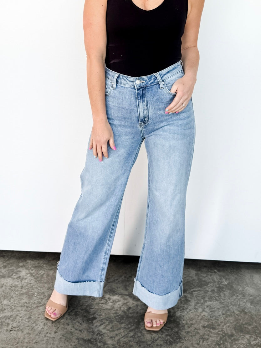 Light Wash Wide Leg Cuffed Denim