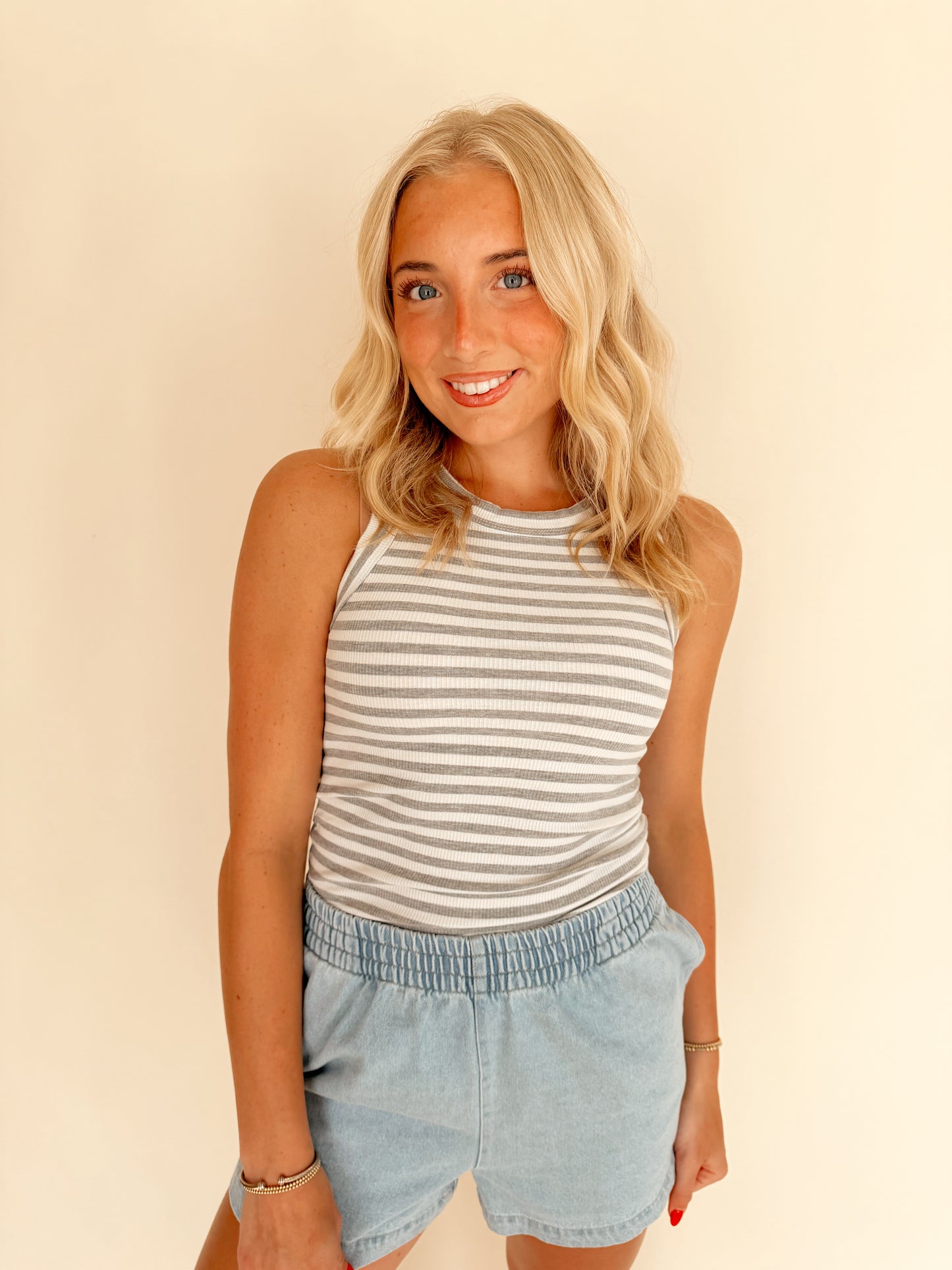 Grey Striped Ribbed Racerback Tank