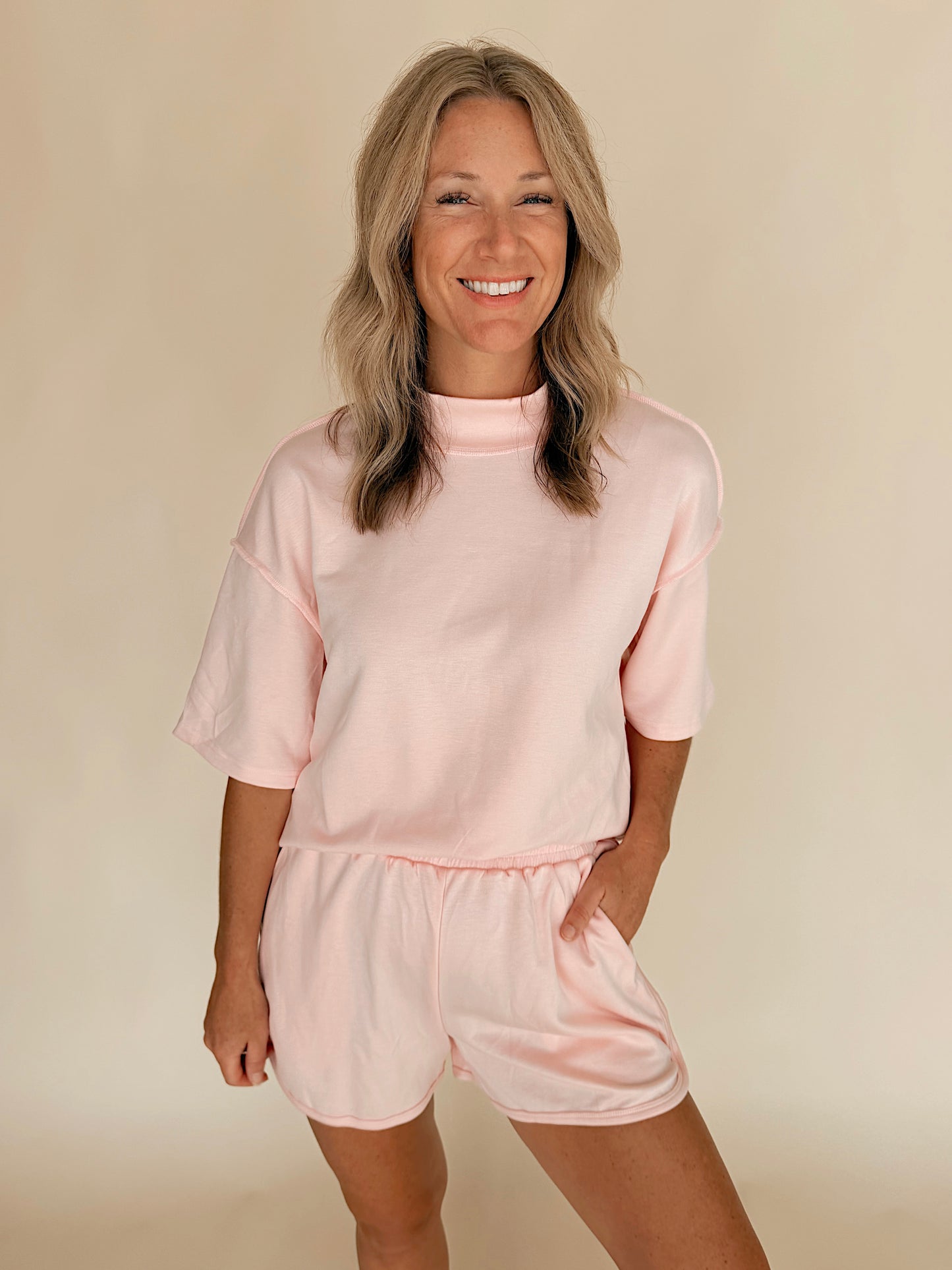 Light Pink Mock Neck Oversize Tee Two-Piece Set