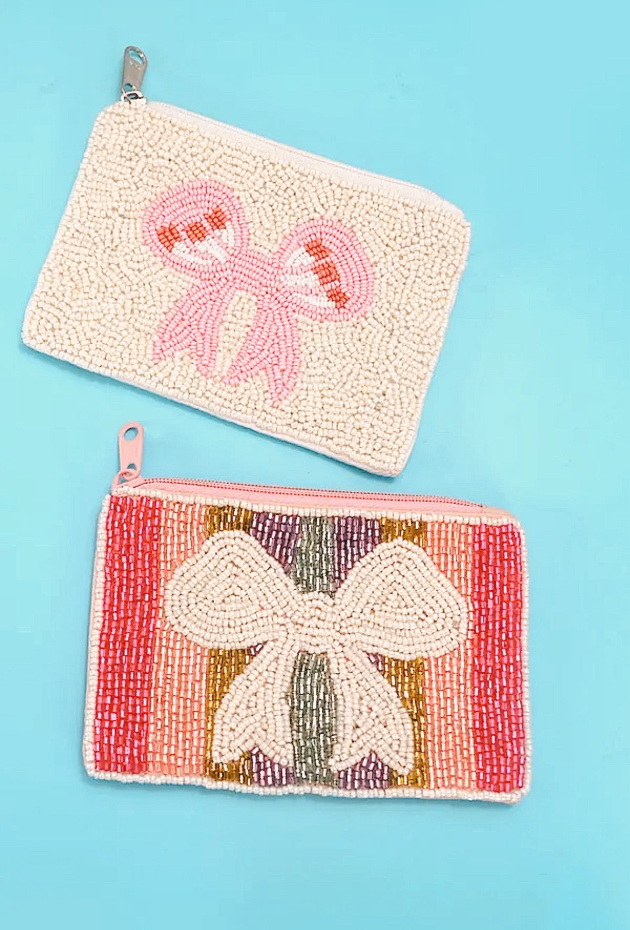 Cream & Pink Bow Seed Bead Coin Purse