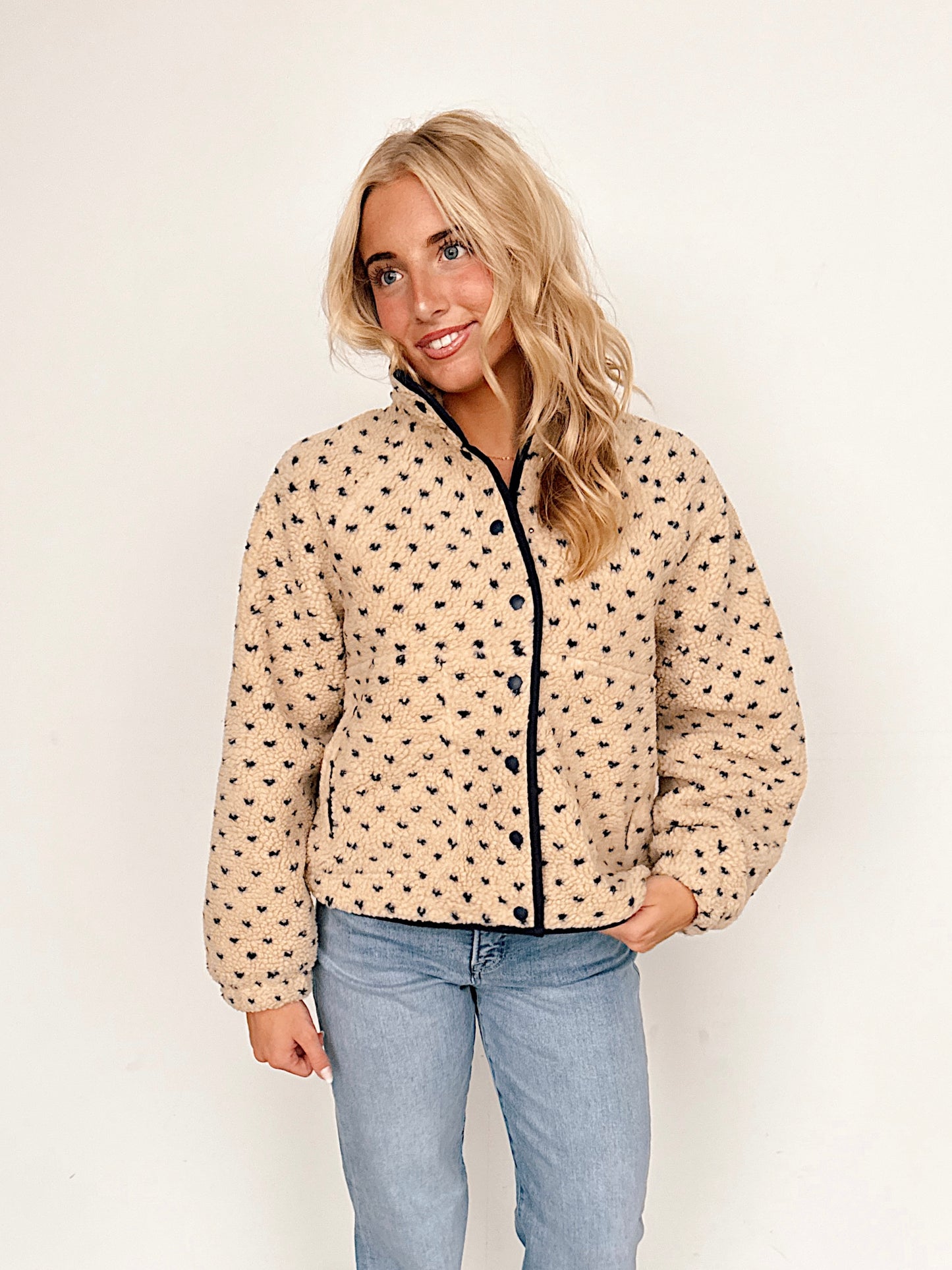 Beige & Navy Polka Dot Snap Button Fleece