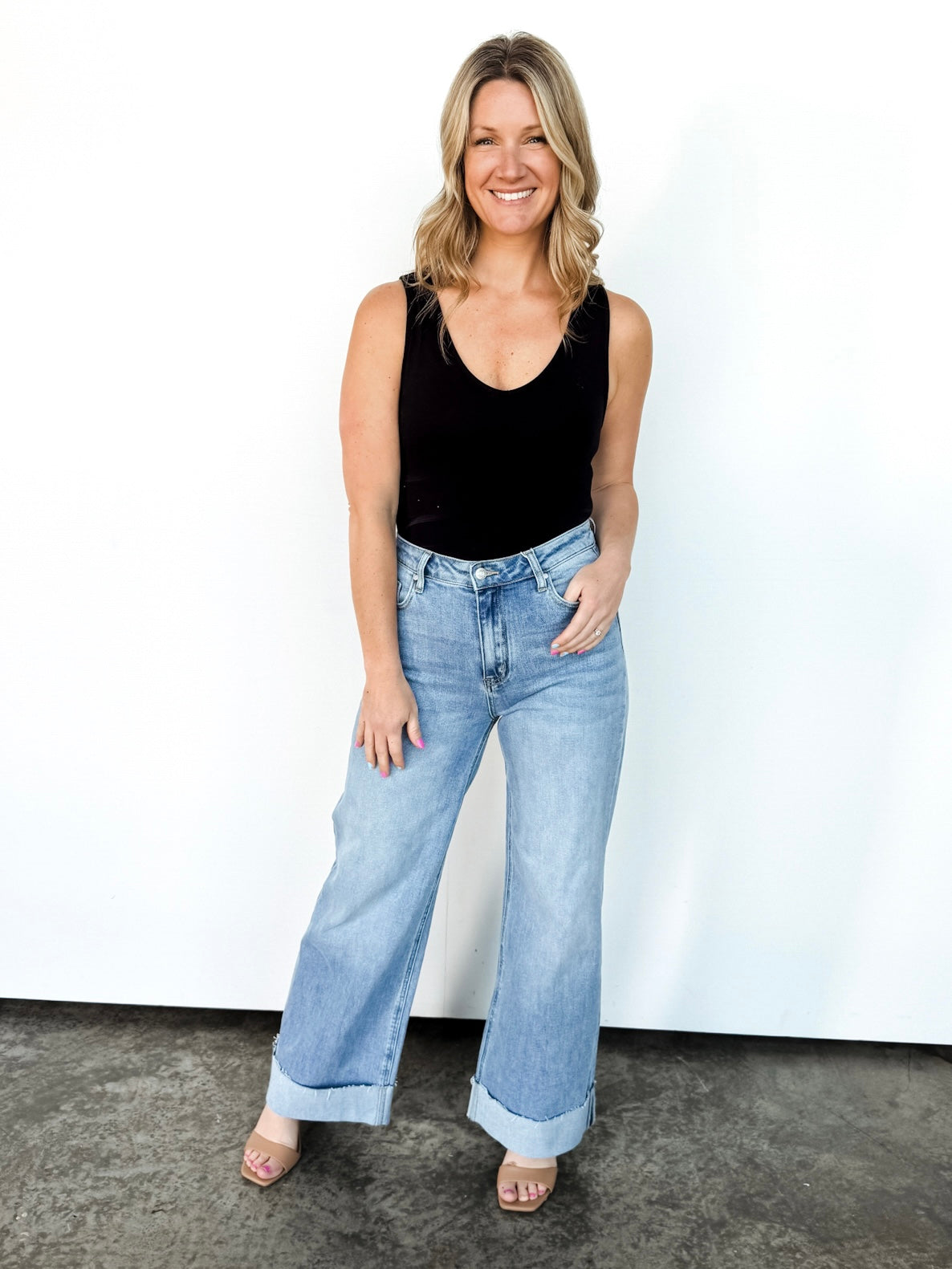 Light Wash Wide Leg Cuffed Denim