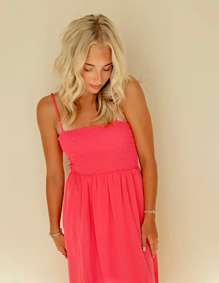 Hot Pink Pom Pom Smocked Maxi Dress