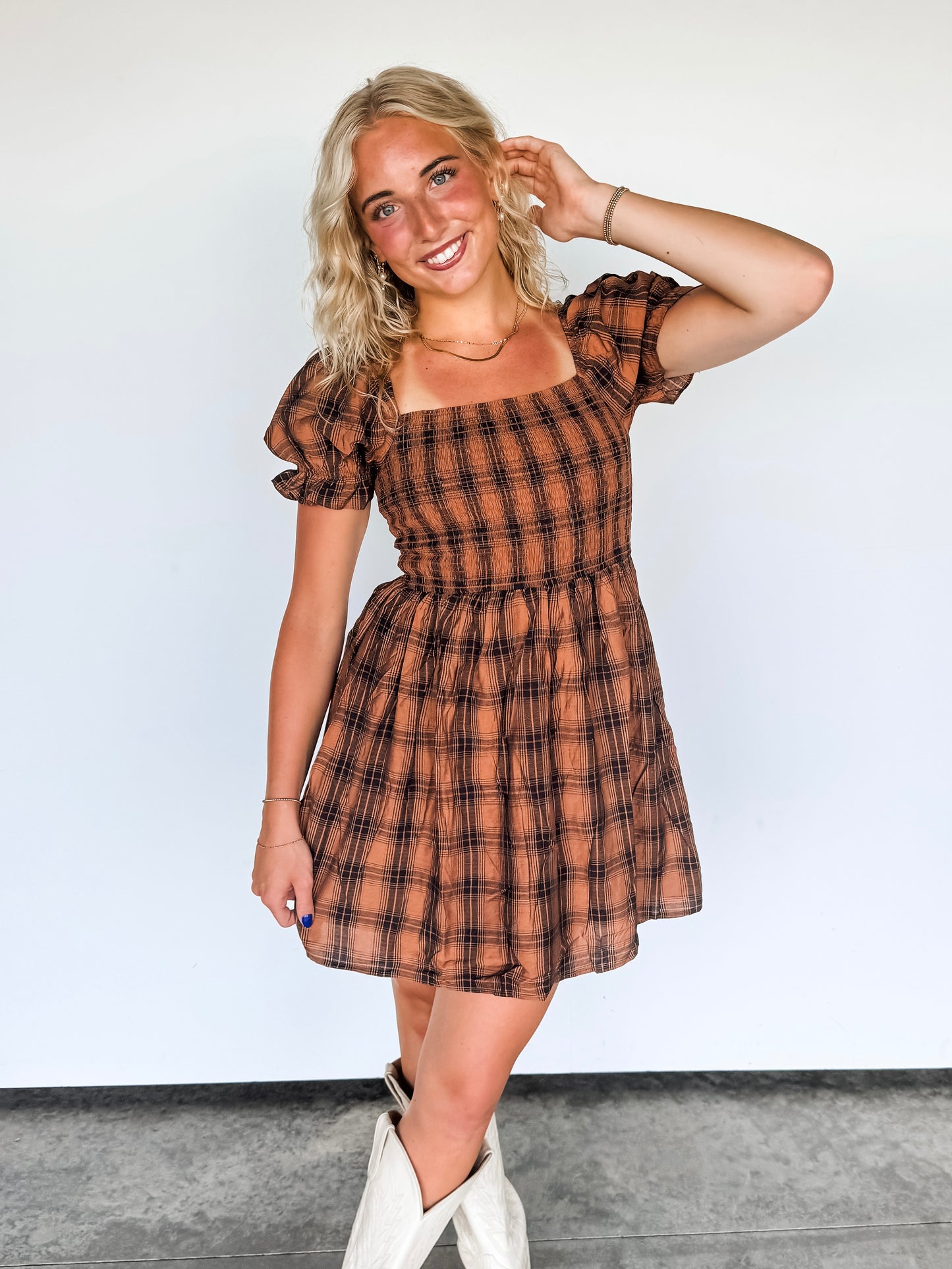 Brown Plaid Smocked Puff Sleeve Dress