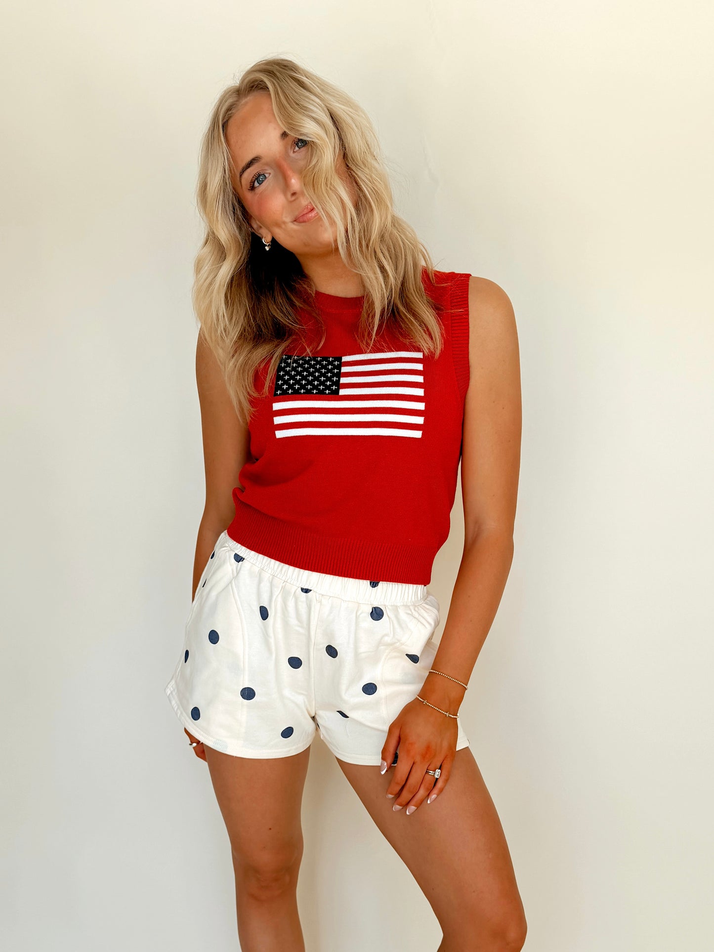 Red Flag Print Knitted Sleeveless Sweater