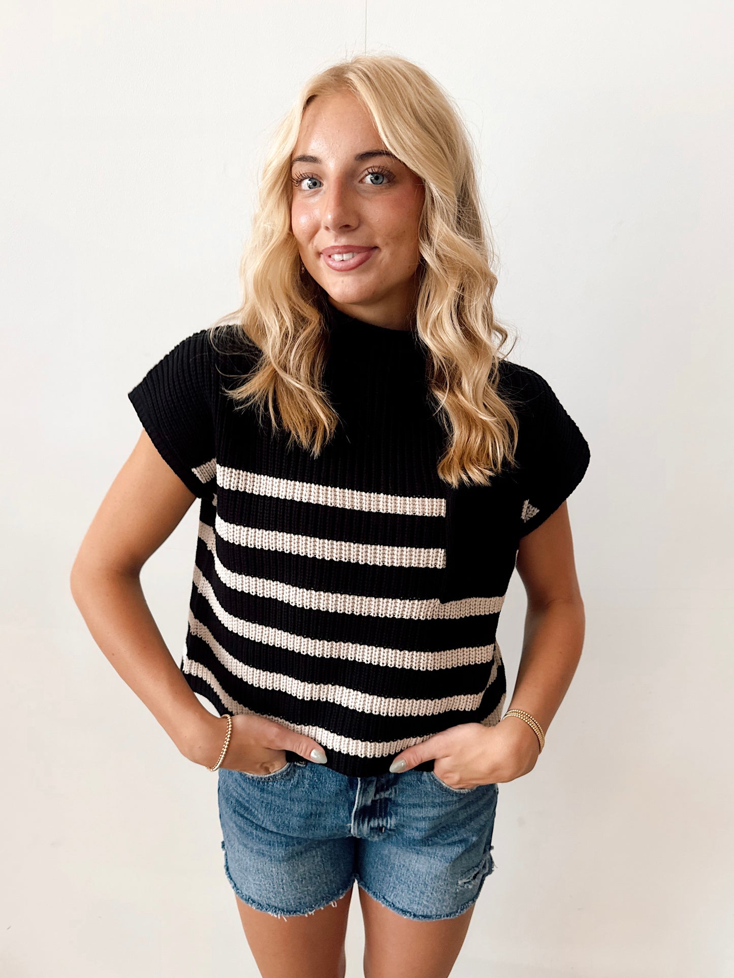 Black Striped Short Sleeve Mock Neck Sweater Top