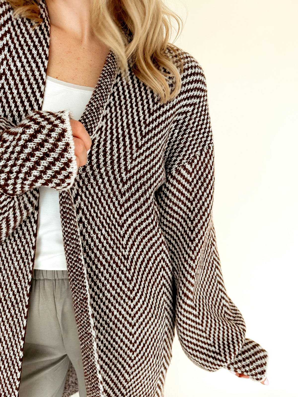 Herringbone Pattern Open-Front Cardigan