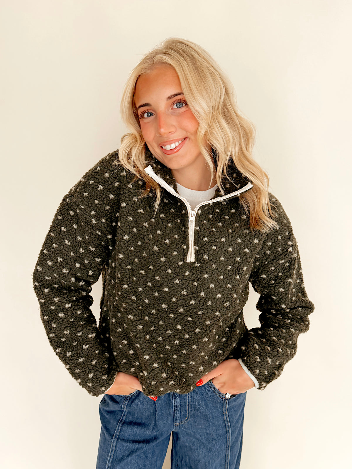 Dark Olive Polka Dot Half-Zip Pullover